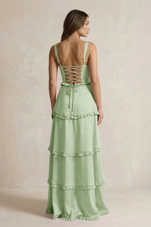Tiered Ruffled A - Line Bridesmaid Dress With Slit in Sage - KissProm Bridesmaid Dresses