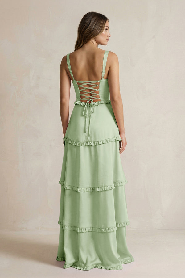 Tiered Ruffled A - Line Bridesmaid Dress With Slit in Sage - KissProm Bridesmaid Dresses