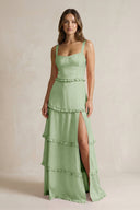 Tiered Ruffled A - Line Bridesmaid Dress With Slit in Sage - KissProm Bridesmaid Dresses