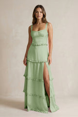Tiered Ruffled A - Line Bridesmaid Dress With Slit in Sage - KissProm Bridesmaid Dresses