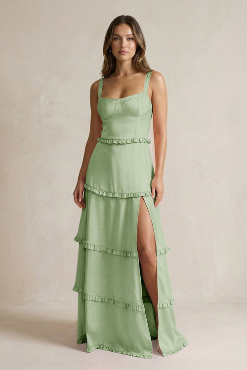 Tiered Ruffled A - Line Bridesmaid Dress With Slit in Sage - KissProm Bridesmaid Dresses