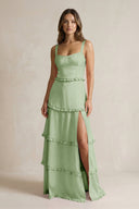 Tiered Ruffled A - Line Bridesmaid Dress With Slit in Sage - KissProm Bridesmaid Dresses