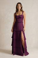 Tiered Ruffled A - Line Bridesmaid Dress With Slit in Sangria - KissProm Bridesmaid Dresses