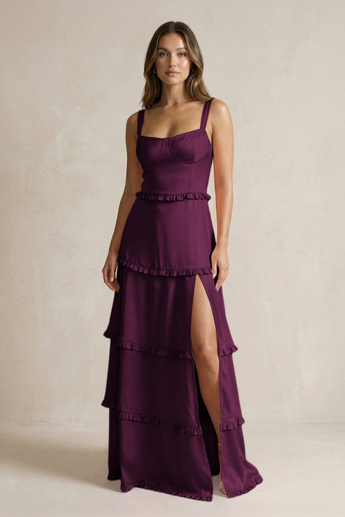 Tiered Ruffled A - Line Bridesmaid Dress With Slit in Sangria - KissProm Bridesmaid Dresses