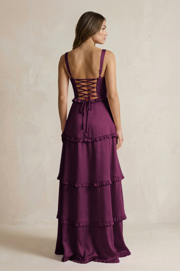 Tiered Ruffled A - Line Bridesmaid Dress With Slit in Sangria - KissProm Bridesmaid Dresses