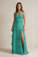 Tiered Ruffled A - Line Bridesmaid Dress With Slit in Sea Glass - KissProm Bridesmaid Dresses