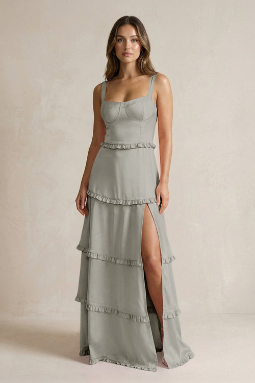 Tiered Ruffled A - Line Bridesmaid Dress With Slit in Silver - KissProm Bridesmaid Dresses