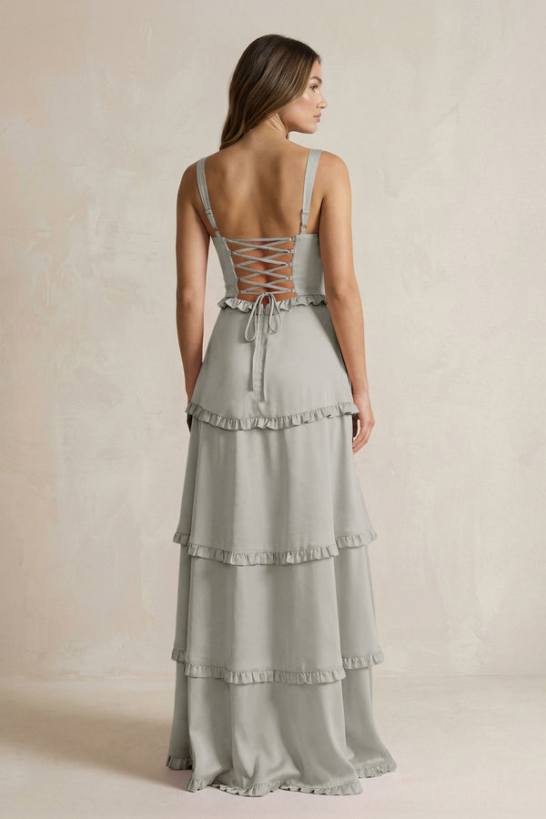 Tiered Ruffled A - Line Bridesmaid Dress With Slit in Silver - KissProm Bridesmaid Dresses