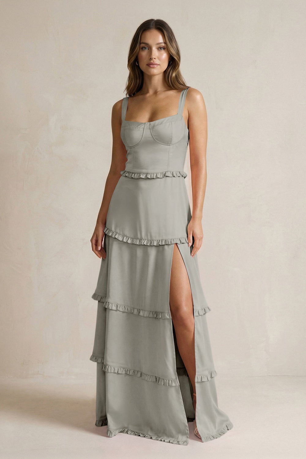 Tiered Ruffled A - Line Bridesmaid Dress With Slit in Silver - KissProm Bridesmaid Dresses