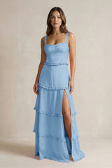 Tiered Ruffled A - Line Bridesmaid Dress With Slit in Sky Blue - KissProm Bridesmaid Dresses