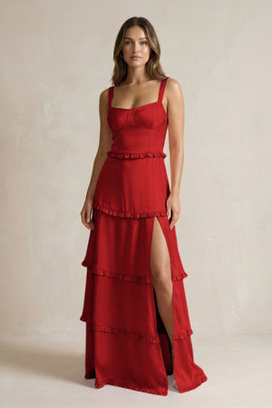 Tiered Ruffled A - Line Bridesmaid Dress With Slit in Spice - KissProm Bridesmaid Dresses