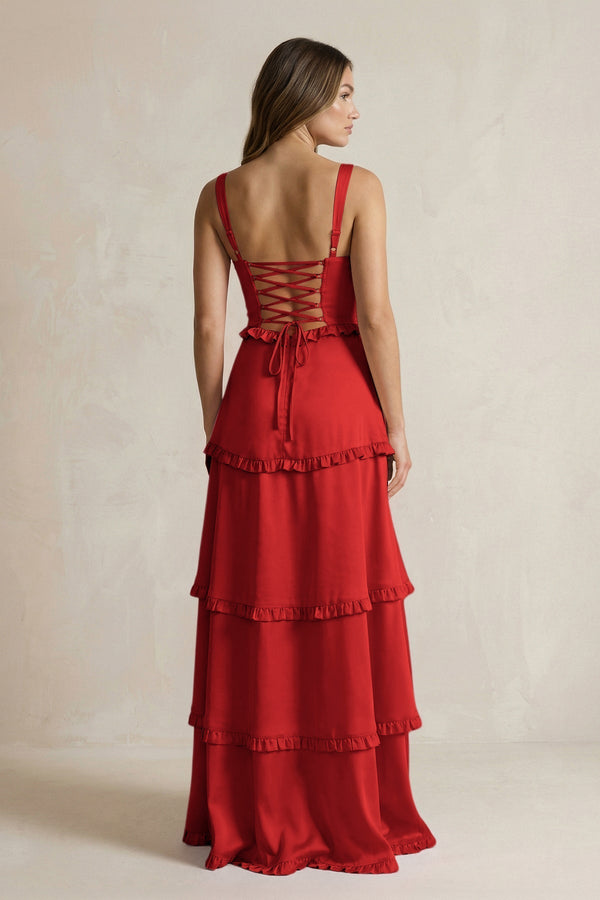 Tiered Ruffled A - Line Bridesmaid Dress With Slit in Spice - KissProm Bridesmaid Dresses