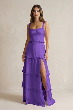 Tiered Ruffled A - Line Bridesmaid Dress With Slit in Tahiti - KissProm Bridesmaid Dresses