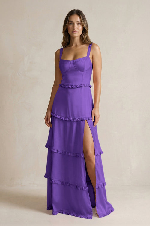 Tiered Ruffled A - Line Bridesmaid Dress With Slit in Tahiti - KissProm Bridesmaid Dresses
