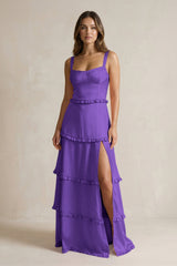 Tiered Ruffled A - Line Bridesmaid Dress With Slit in Tahiti - KissProm Bridesmaid Dresses