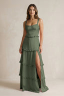 Tiered Ruffled A - Line Bridesmaid Dress With Slit in Thyme - KissProm Bridesmaid Dresses
