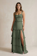 Tiered Ruffled A - Line Bridesmaid Dress With Slit in Thyme - KissProm Bridesmaid Dresses