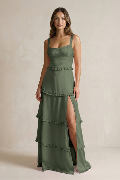Tiered Ruffled A - Line Bridesmaid Dress With Slit in Thyme - KissProm Bridesmaid Dresses