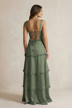 Tiered Ruffled A - Line Bridesmaid Dress With Slit in Thyme - KissProm Bridesmaid Dresses