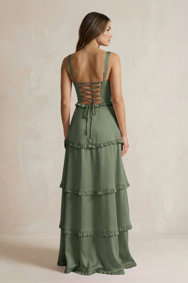 Tiered Ruffled A - Line Bridesmaid Dress With Slit in Thyme - KissProm Bridesmaid Dresses