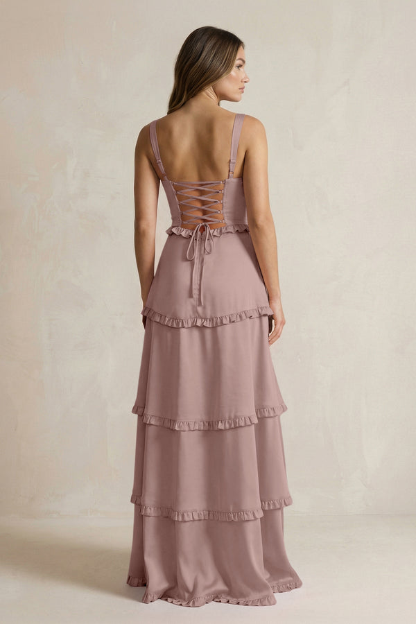 Tiered Ruffled A - Line Bridesmaid Dress With Slit in Toffee - KissProm Bridesmaid Dresses