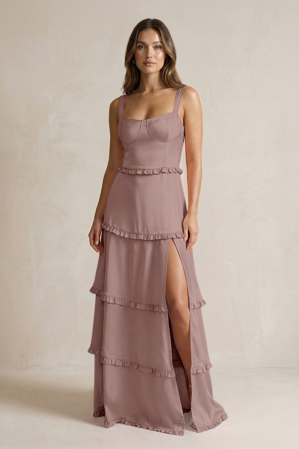 KissProm |Tiered Ruffled A-Line Bridesmaid Dress With Slit in Toffee