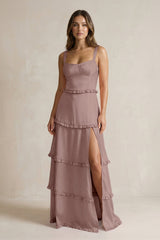 Tiered Ruffled A - Line Bridesmaid Dress With Slit in Toffee - KissProm Bridesmaid Dresses