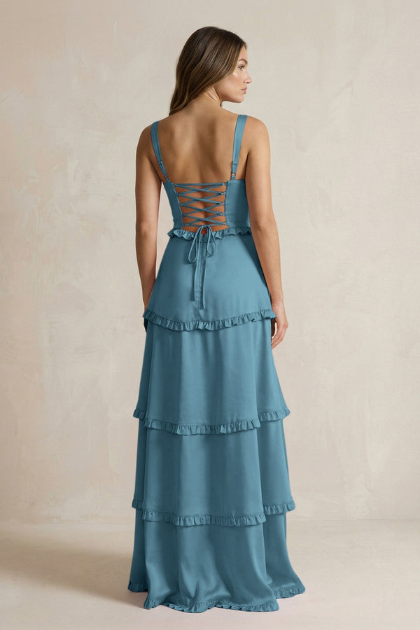 Tiered Ruffled A - Line Bridesmaid Dress With Slit in Twilight - KissProm Bridesmaid Dresses
