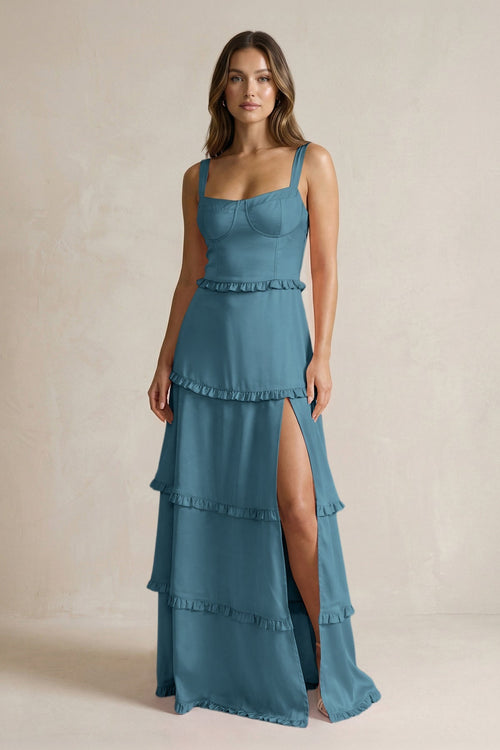 Tiered Ruffled A - Line Bridesmaid Dress With Slit in Twilight - KissProm Bridesmaid Dresses