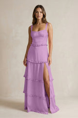 Tiered Ruffled A - Line Bridesmaid Dress With Slit in Vintage Mauve - KissProm Bridesmaid Dresses