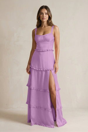 Tiered Ruffled A - Line Bridesmaid Dress With Slit in Vintage Mauve - KissProm Bridesmaid Dresses