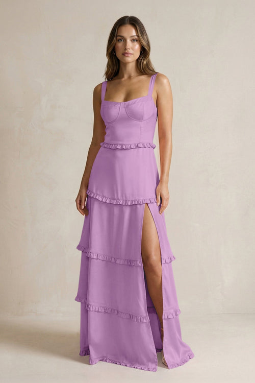 Tiered Ruffled A - Line Bridesmaid Dress With Slit in Vintage Mauve - KissProm Bridesmaid Dresses