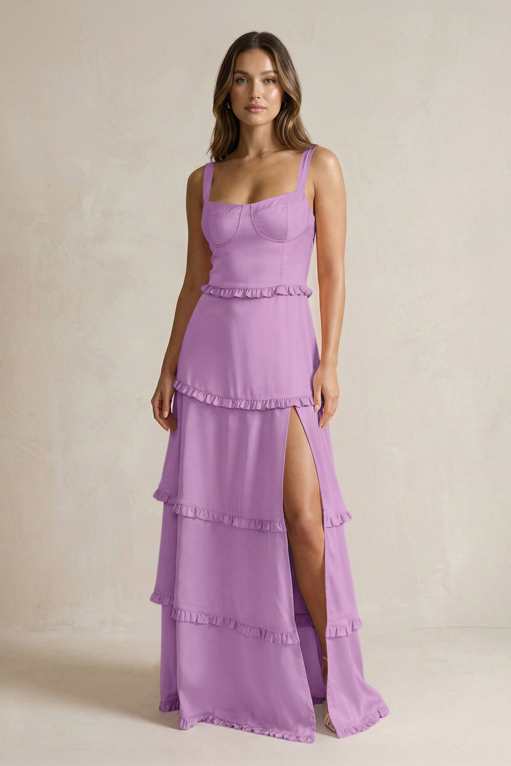 Tiered Ruffled A - Line Bridesmaid Dress With Slit in Vintage Mauve - KissProm Bridesmaid Dresses