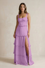 Tiered Ruffled A - Line Bridesmaid Dress With Slit in Vintage Mauve - KissProm Bridesmaid Dresses