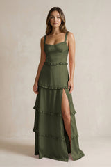 Tiered Ruffled A - Line Bridesmaid Dress With Slit in Willow Green - KissProm Bridesmaid Dresses