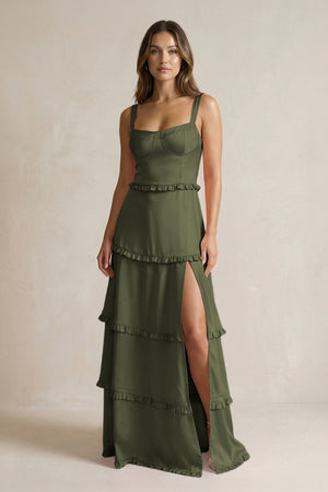 Tiered Ruffled A - Line Bridesmaid Dress With Slit in Willow Green - KissProm Bridesmaid Dresses