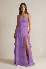 Tiered Ruffled A - Line Bridesmaid Dress With Slit in Wisteria - KissProm Bridesmaid Dresses