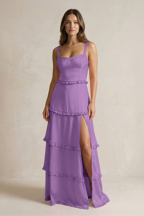 Tiered Ruffled A - Line Bridesmaid Dress With Slit in Wisteria - KissProm Bridesmaid Dresses