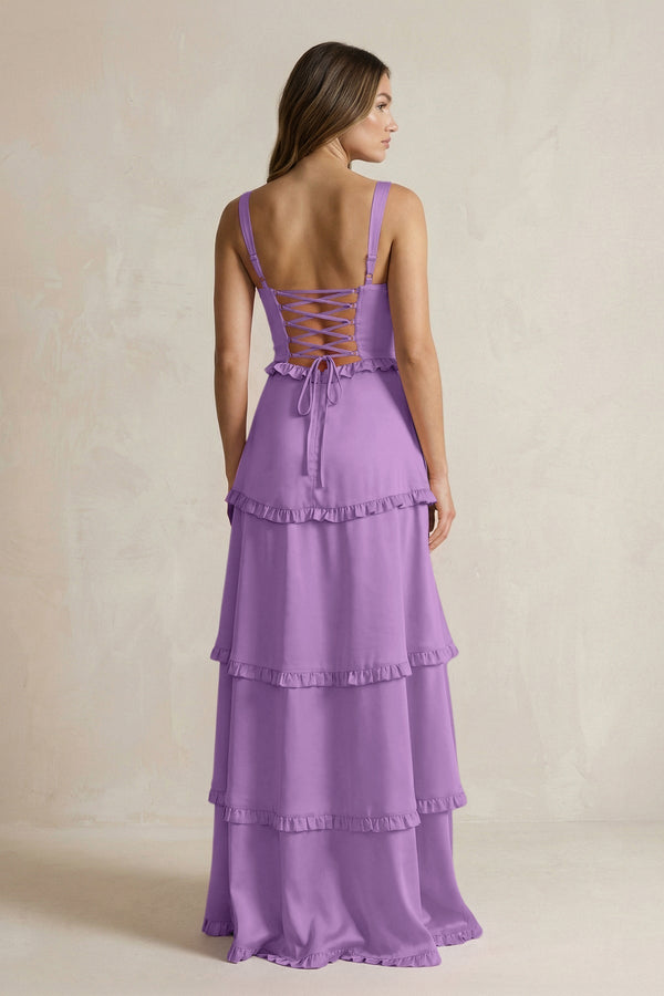 Tiered Ruffled A - Line Bridesmaid Dress With Slit in Wisteria - KissProm Bridesmaid Dresses