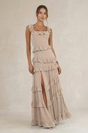Tiered Square Neck Ruffled A - Line Bridesmaid Dress in Almond - KissProm Bridesmaid Dresses