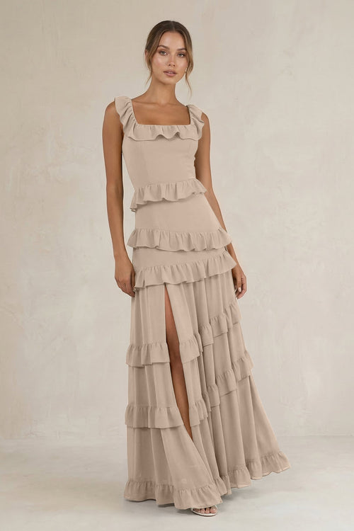 Tiered Square Neck Ruffled A - Line Bridesmaid Dress in Almond - KissProm Bridesmaid Dresses
