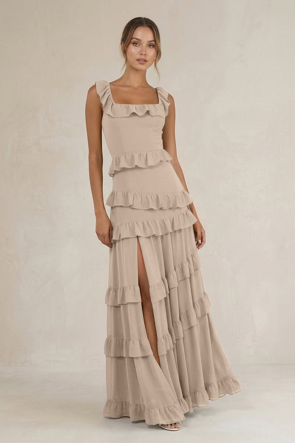 Tiered Square Neck Ruffled A - Line Bridesmaid Dress in Almond - KissProm Bridesmaid Dresses