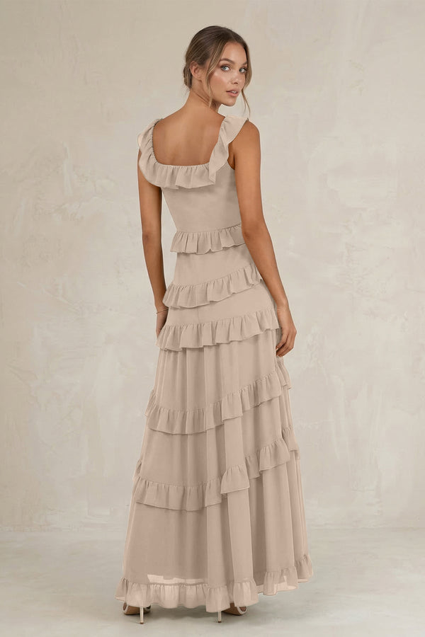 Tiered Square Neck Ruffled A - Line Bridesmaid Dress in Almond - KissProm Bridesmaid Dresses