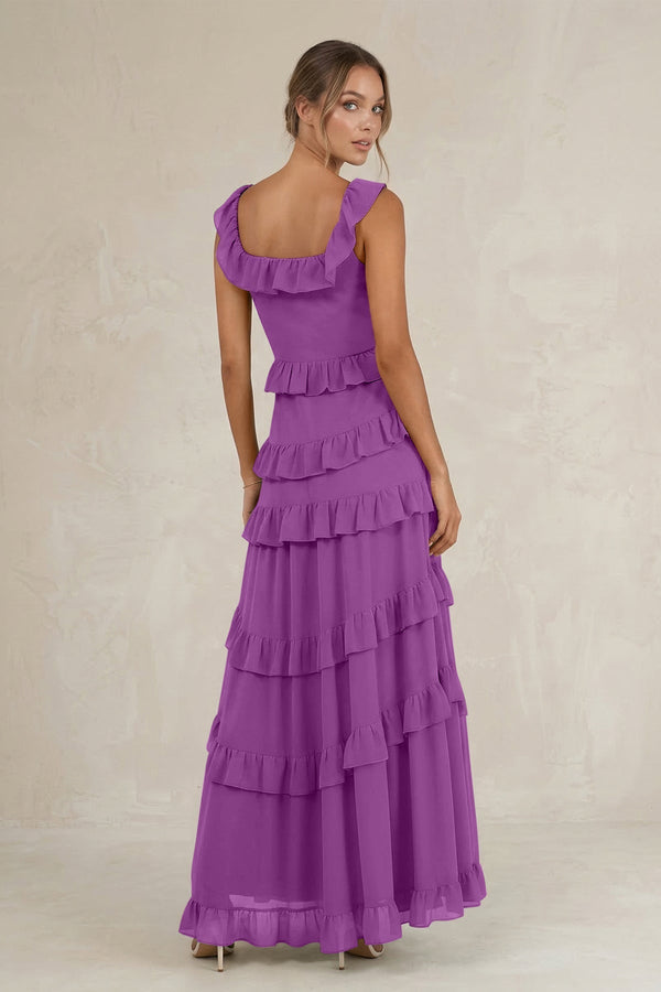 Tiered Square Neck Ruffled A - Line Bridesmaid Dress in Amethyst - KissProm Bridesmaid Dresses