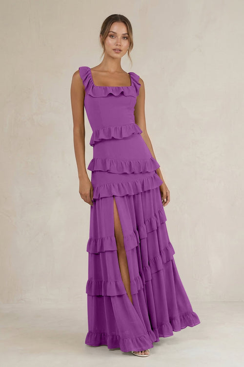 Tiered Square Neck Ruffled A - Line Bridesmaid Dress in Amethyst - KissProm Bridesmaid Dresses