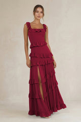 Tiered Square Neck Ruffled A - Line Bridesmaid Dress in Berry - KissProm Bridesmaid Dresses