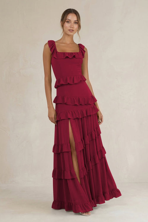Tiered Square Neck Ruffled A - Line Bridesmaid Dress in Berry - KissProm Bridesmaid Dresses