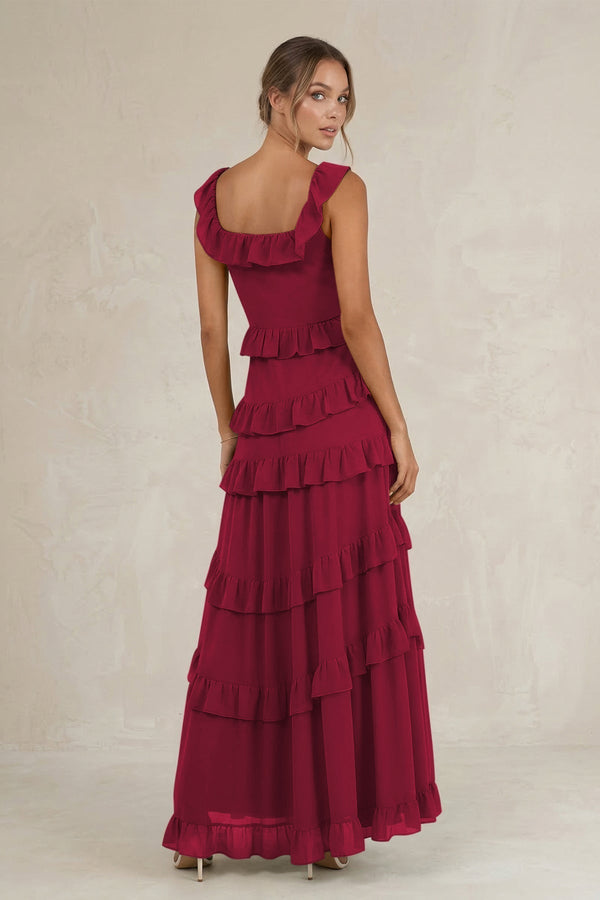 Tiered Square Neck Ruffled A - Line Bridesmaid Dress in Berry - KissProm Bridesmaid Dresses