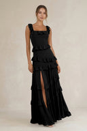 Tiered Square Neck Ruffled A - Line Bridesmaid Dress in Black - KissProm Bridesmaid Dresses