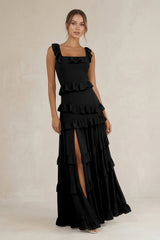Tiered Square Neck Ruffled A - Line Bridesmaid Dress in Black - KissProm Bridesmaid Dresses